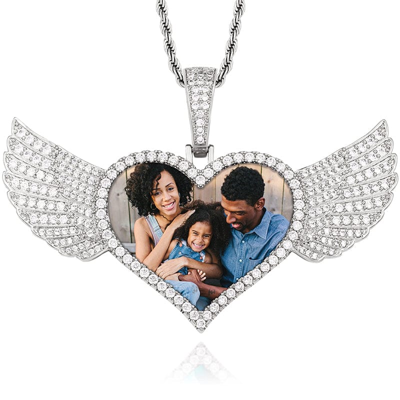 Silver Iced Out Jewelry Gold Plated AAAAA Cubic Zirconia Heart Wing Custom Sublimation Photo Pendant