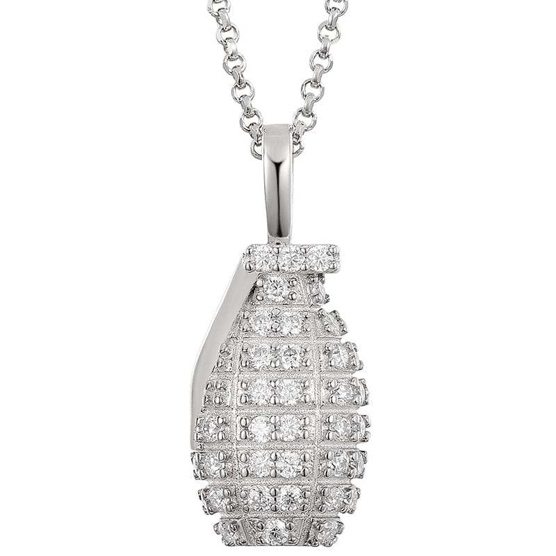 Silver Iced Out Pure Silver - VVS Moissanite Grenade Charm Pendant Necklace
