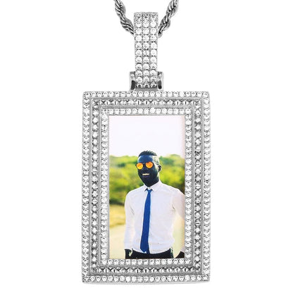 Silver Large Size Silver Gold Diamond Charms Mens Necklace Custom  Rectangle Shape Photo Frame Pendant