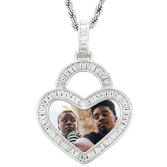 Silver Minimalist Special Custom Gold Plated Heart Photo Pendant Setting Baguette Cubic Zirconia Charm Pendant