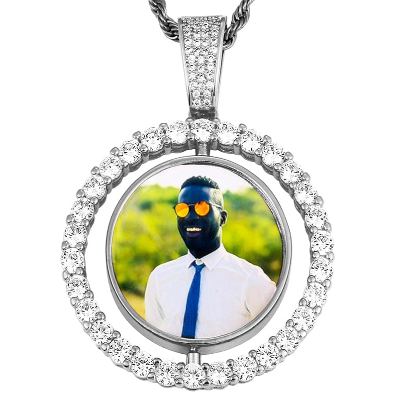 Silver Round Sublimation Jewelry Blanks Necklace Hip Hop Rotating Photo Frame Memorial Pendant With Custom Picture