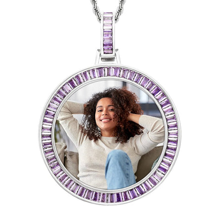 Silver Simplism Charms Necklace Custom Purple Baguette Gemstone Picture Pendant