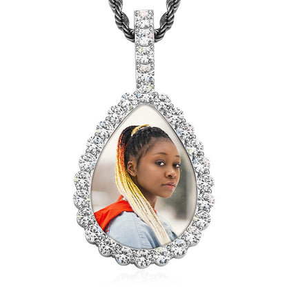Silver t Trendy Jewelry 2021 Setting Big Zircon Iced Out Pear Shape Custom Photo Pendant