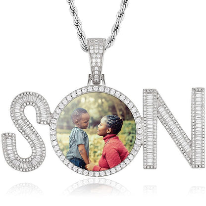 Silver Thanksgiving Day Jewelry Custom Engraved Name Gold Plated CZ Diamond SON Charm Photo Pendant