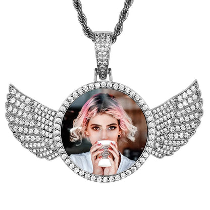 Silver Trend Hip Hop Charms Wing Medallions Mens Kids Necklace Custom Iced Out Pendant With Picture Inside