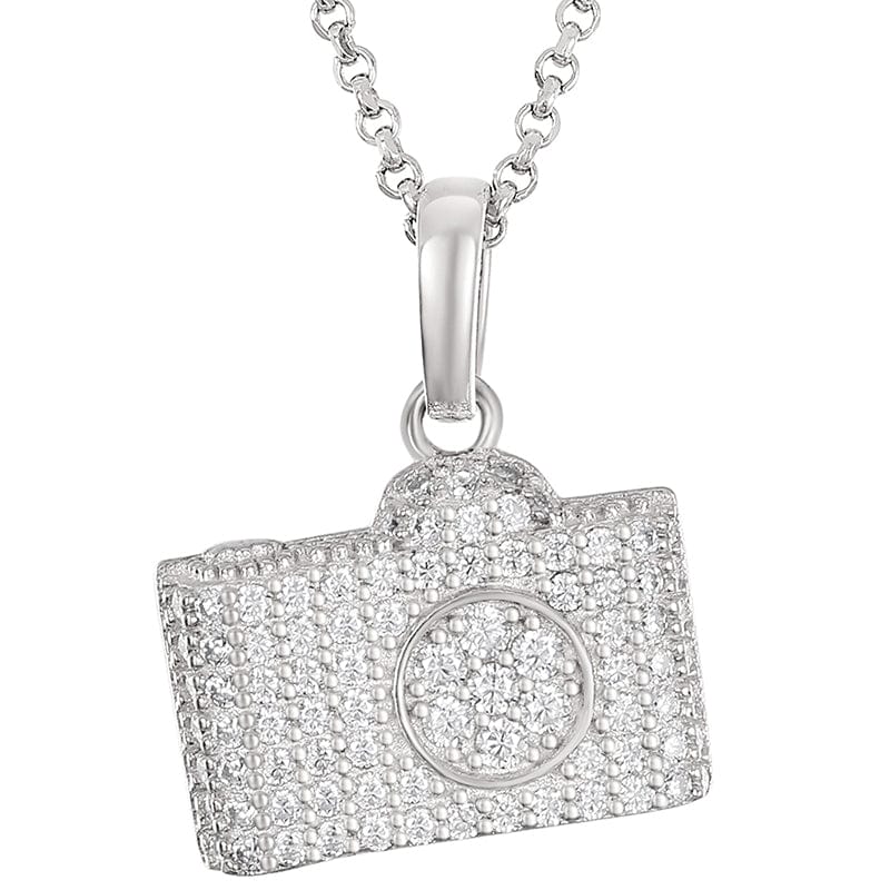 Silver VVS Moissanite Camera Charm Pendant Gold Plated 925 Sterling Silver Pendant Necklace