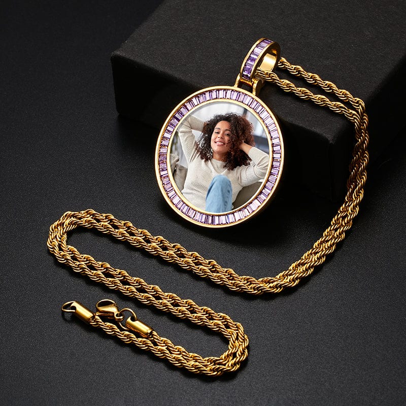 Simplism Charms Necklace Custom Purple Baguette Gemstone Picture Pendant
