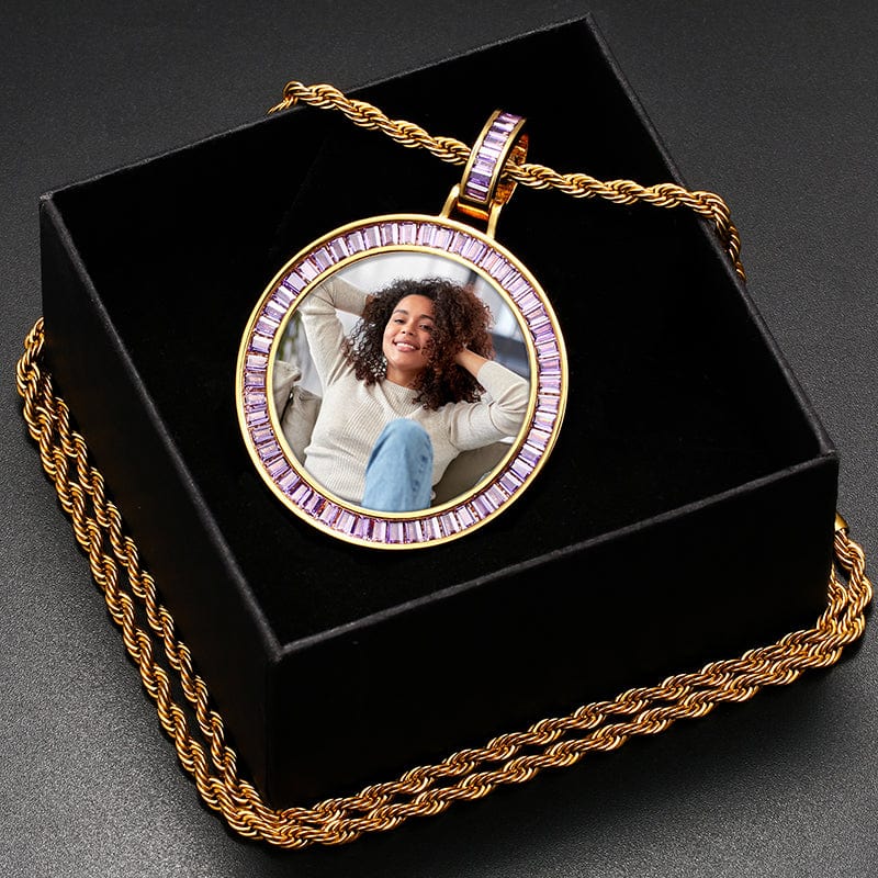 Simplism Charms Necklace Custom Purple Baguette Gemstone Picture Pendant