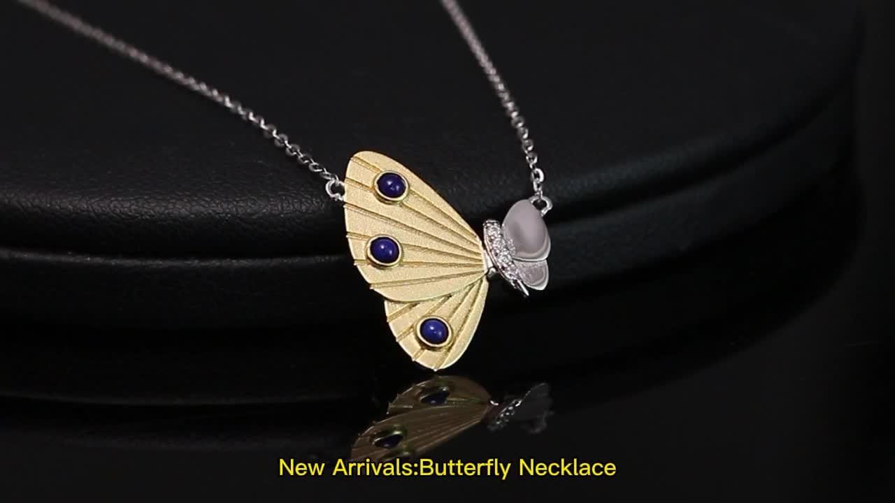 Solid Gold  Butterfly Necklace - Natural Lapis Lazuli - Mossianite Diamonds Pendant