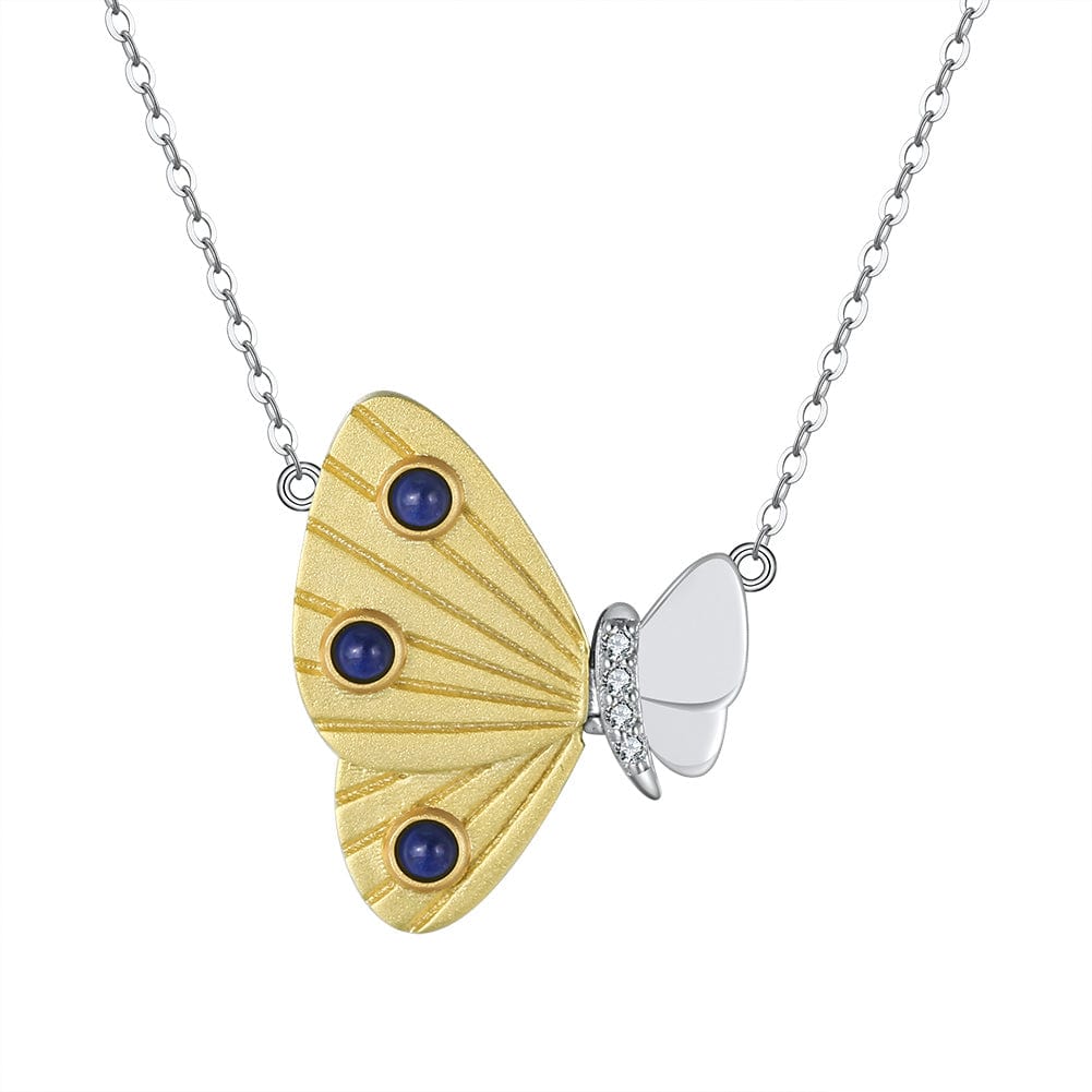 Solid Gold  Butterfly Necklace - Natural Lapis Lazuli - Mossianite Diamonds Pendant