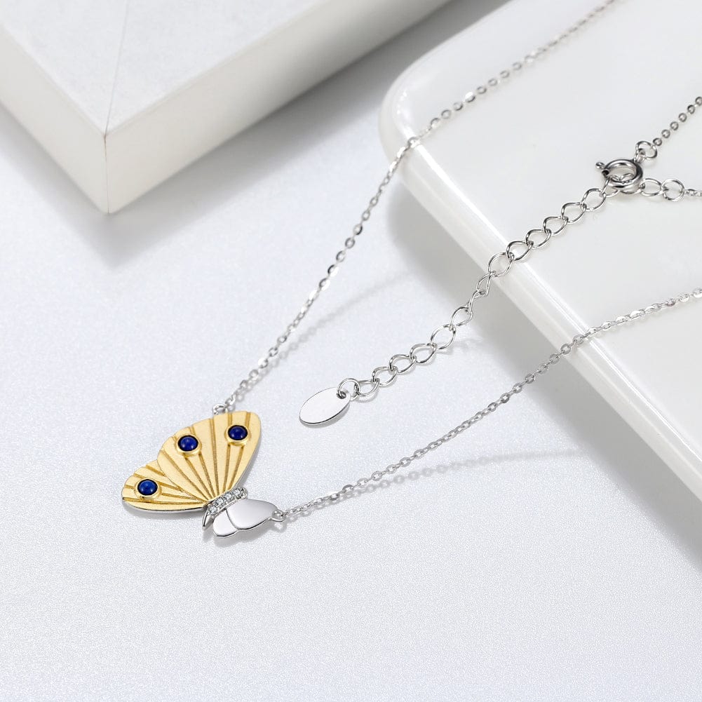 Solid Gold  Butterfly Necklace - Natural Lapis Lazuli - Mossianite Diamonds Pendant
