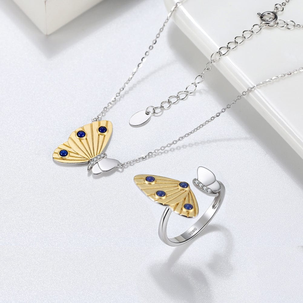 Solid Gold  Butterfly Necklace - Natural Lapis Lazuli - Mossianite Diamonds Pendant
