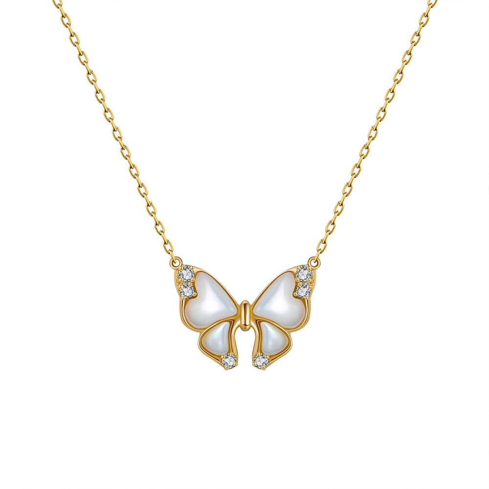 Solid Gold Butterfly Necklace - Natural Mother of Pearl - Moissanite Gold Pendant