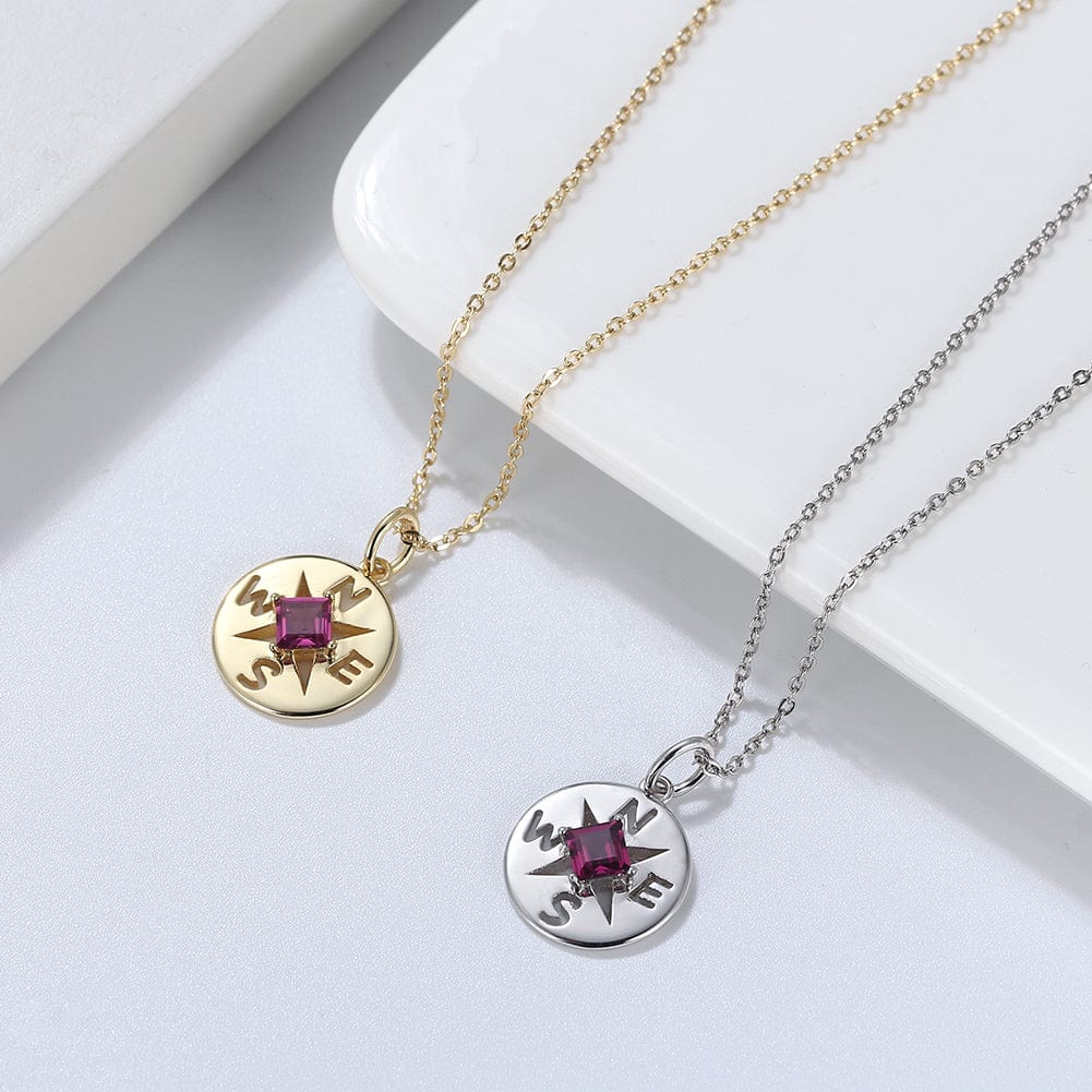 Solid Gold  Compass Necklace -Genuine Natural Garnet Pendant