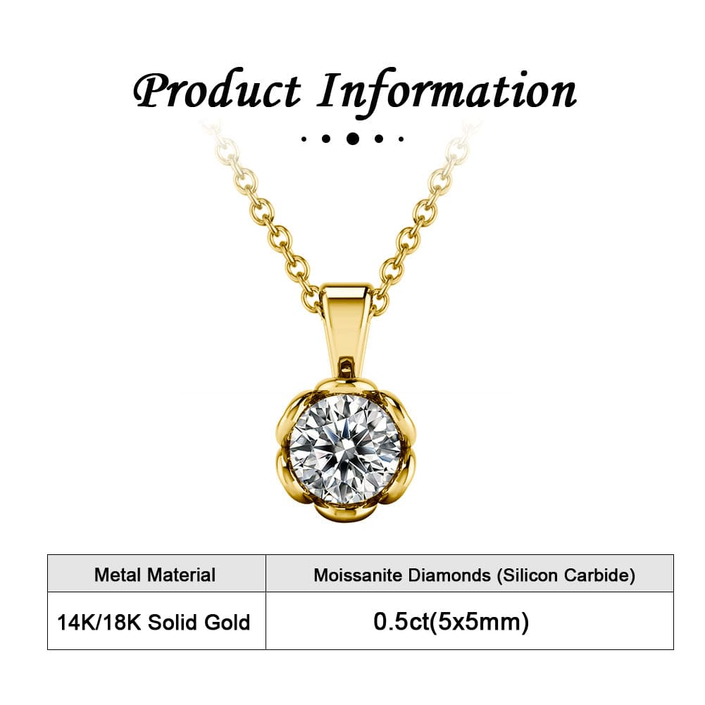 Solid Gold  Flower Pendant Necklace - 0.5ct  Brilliant Cut Moissanite Diamond