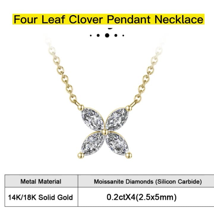 Solid Gold Leaf Clover Pendant Necklace  -  Moissanite Diamond