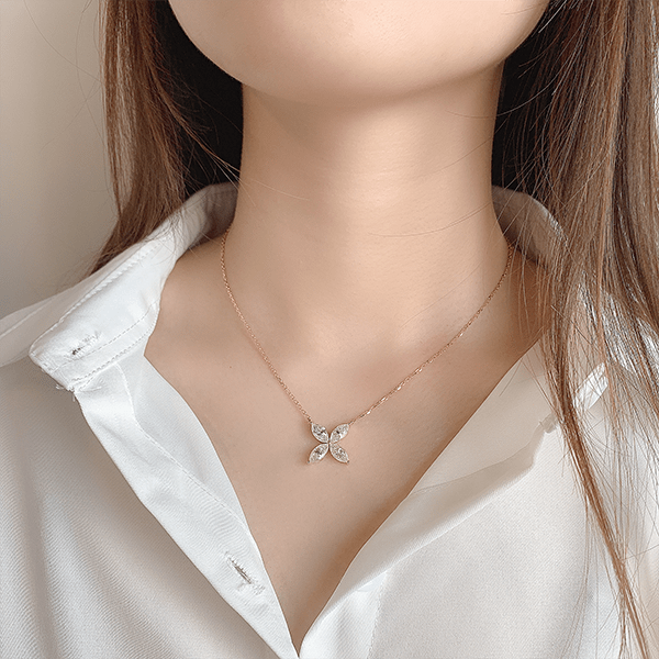Solid Gold Leaf Clover Pendant Necklace  -  Moissanite Diamond