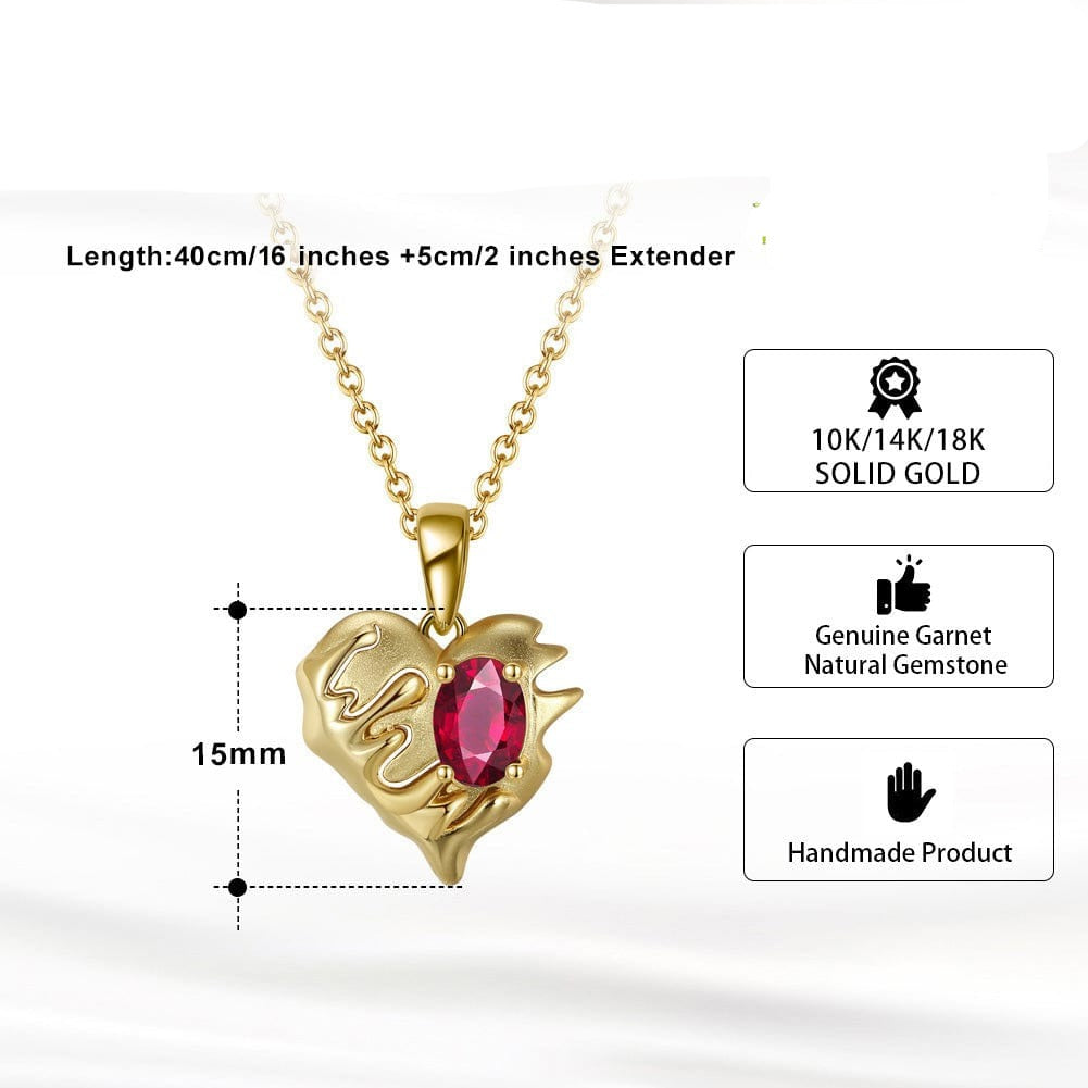 Solid Gold Natural Garnet Necklace -  Unique Design Heart Pendant