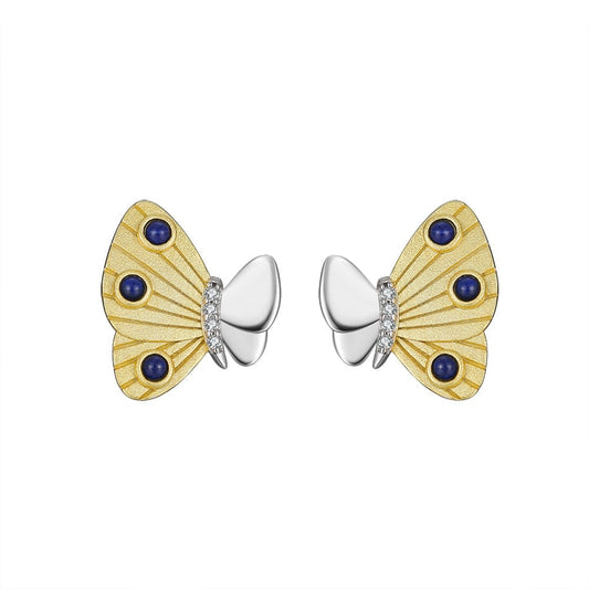 Solid Gold Natural Lapis Lazuli Aretes - Mossianite Butterfly Earrings