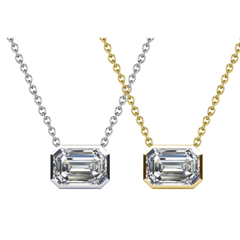 Solid Gold Radiant Dangling Pendant Necklace - 1.0 Carat Emerald Moissanite Diamond