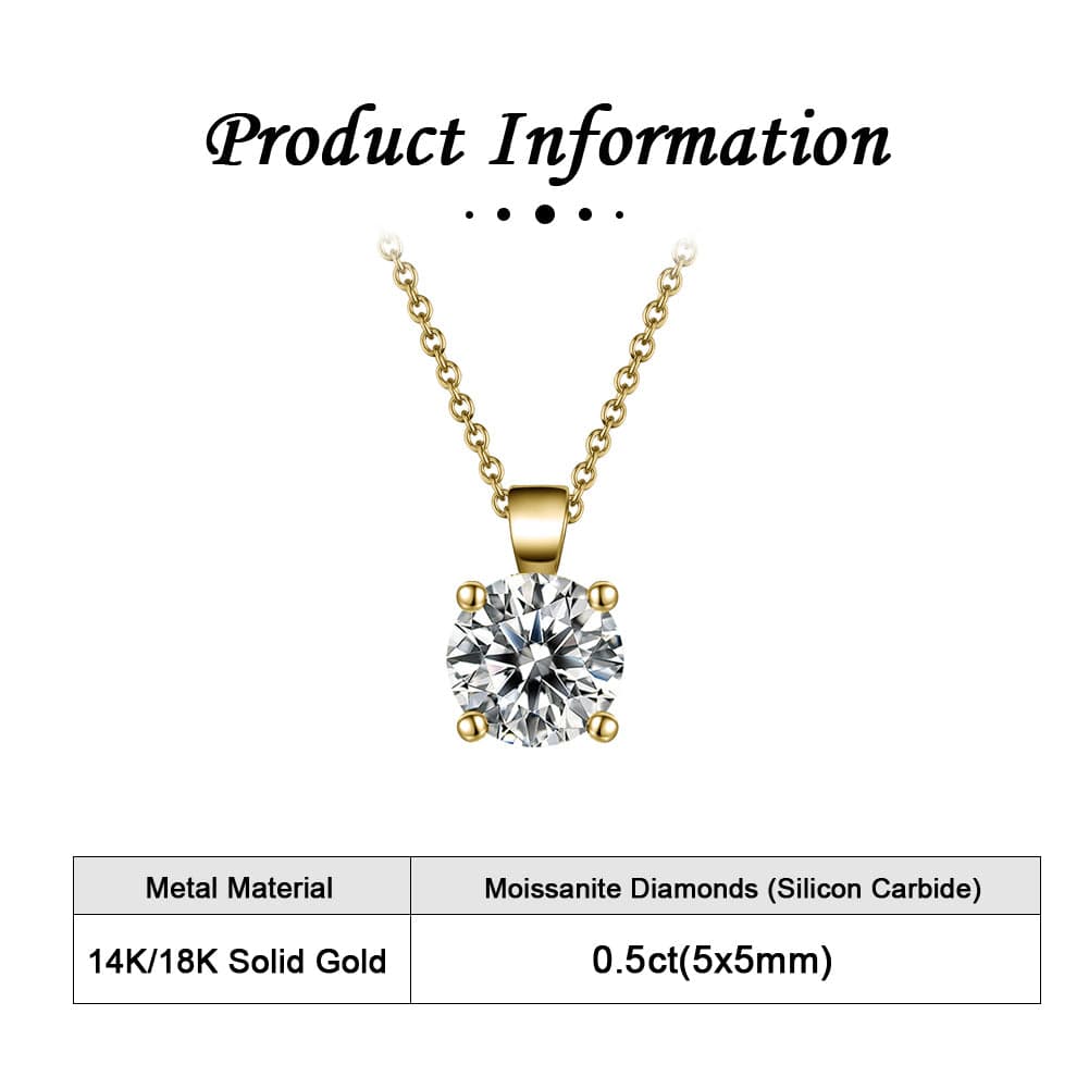 Solid Gold Round Necklace - 0.5 Carat  Moissanite Diamond Pendant