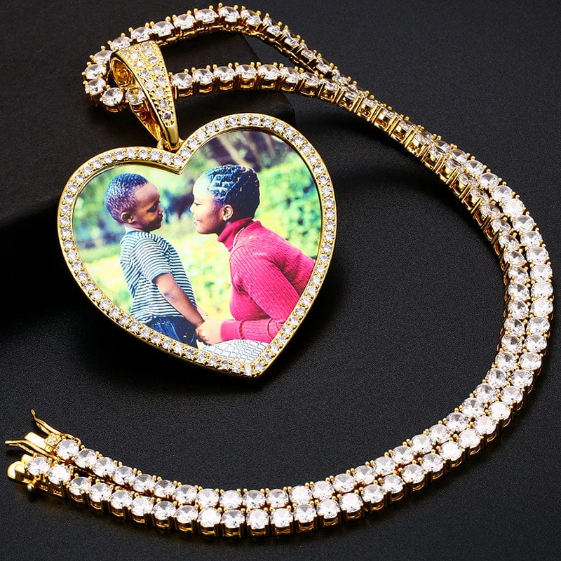 Sublimation Blanks 18K Gold Plated Iced Out Heart Custom Photo Frame Pendant Necklace