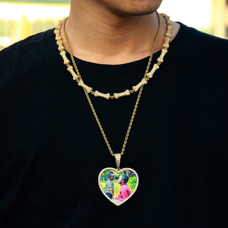 Sublimation Blanks 18K Gold Plated Iced Out Heart Custom Photo Frame Pendant Necklace