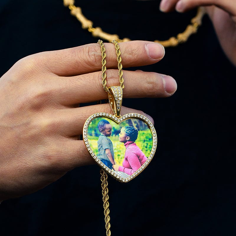 Sublimation Blanks 18K Gold Plated Iced Out Heart Custom Photo Frame Pendant Necklace