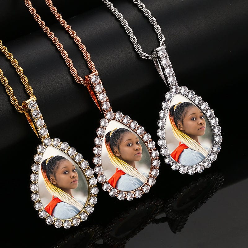t Trendy Jewelry 2021 Setting Big Zircon Iced Out Pear Shape Custom Photo Pendant