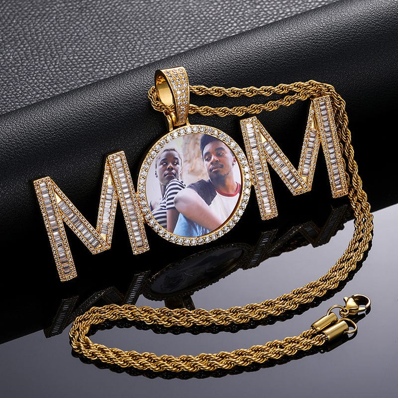 Thanks Giving Day Jewelry Custom Gold Plated CZ Diamond MOM Charm Photo Pendant Accept Engraved Name