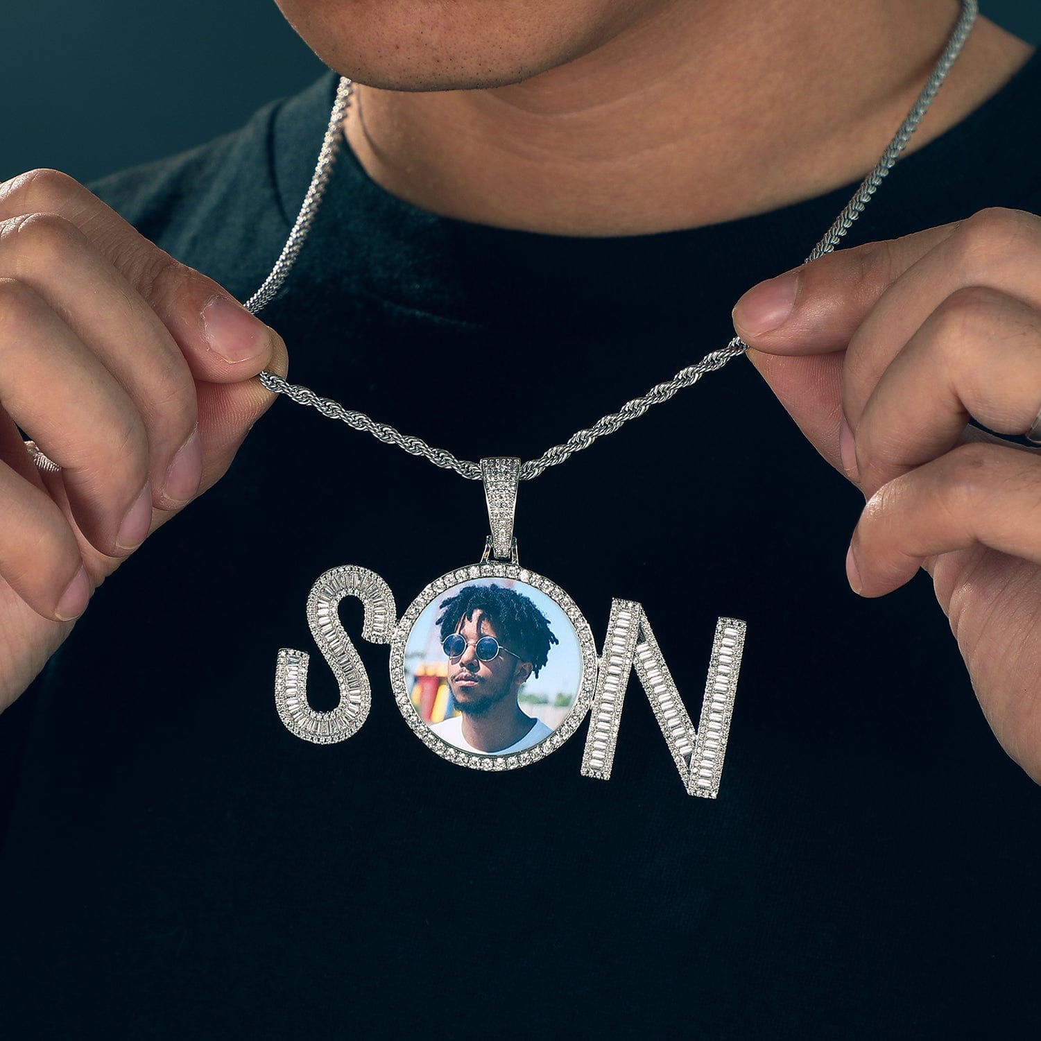 Thanksgiving Day Jewelry Custom Engraved Name Gold Plated CZ Diamond SON Charm Photo Pendant
