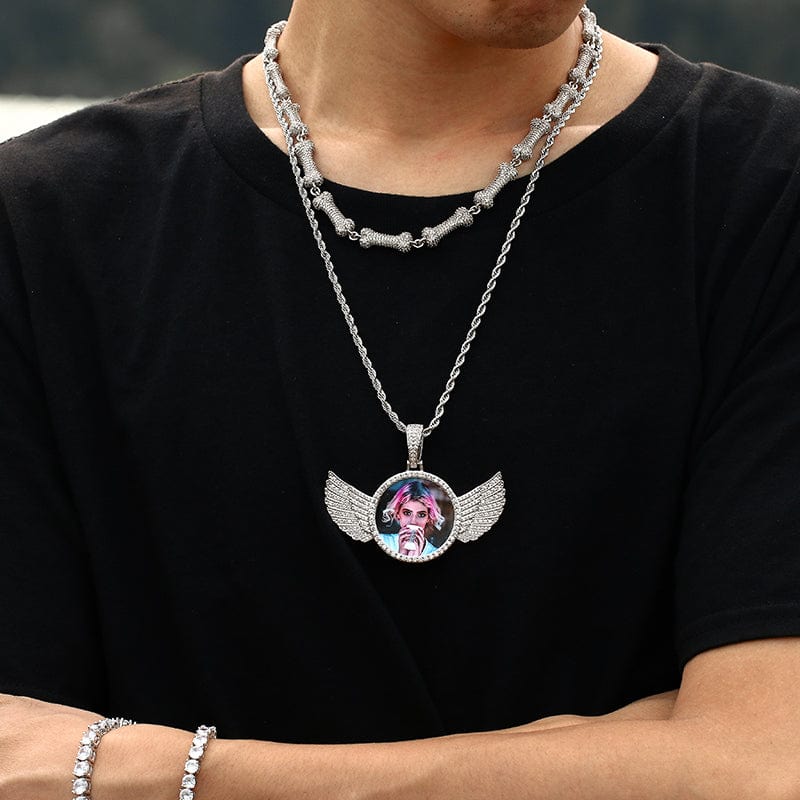 Trend Hip Hop Charms Wing Medallions Mens Kids Necklace Custom Iced Out Pendant With Picture Inside