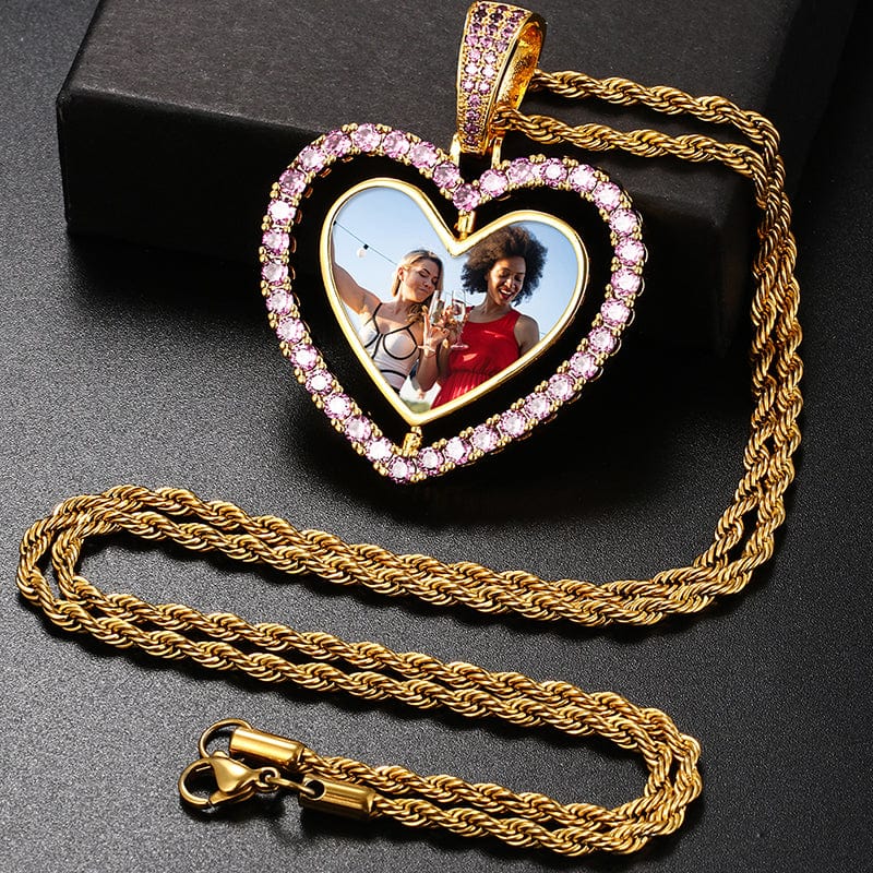 Two Side Heart Spin Hip Hop Silver Jewelry Crystal Charms Photo Pendant Gold Plated Picture Pendant