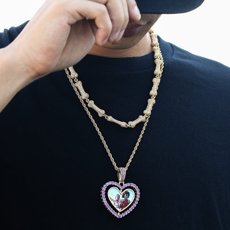 Two Side Heart Spin Hip Hop Silver Jewelry Crystal Charms Photo Pendant Gold Plated Picture Pendant