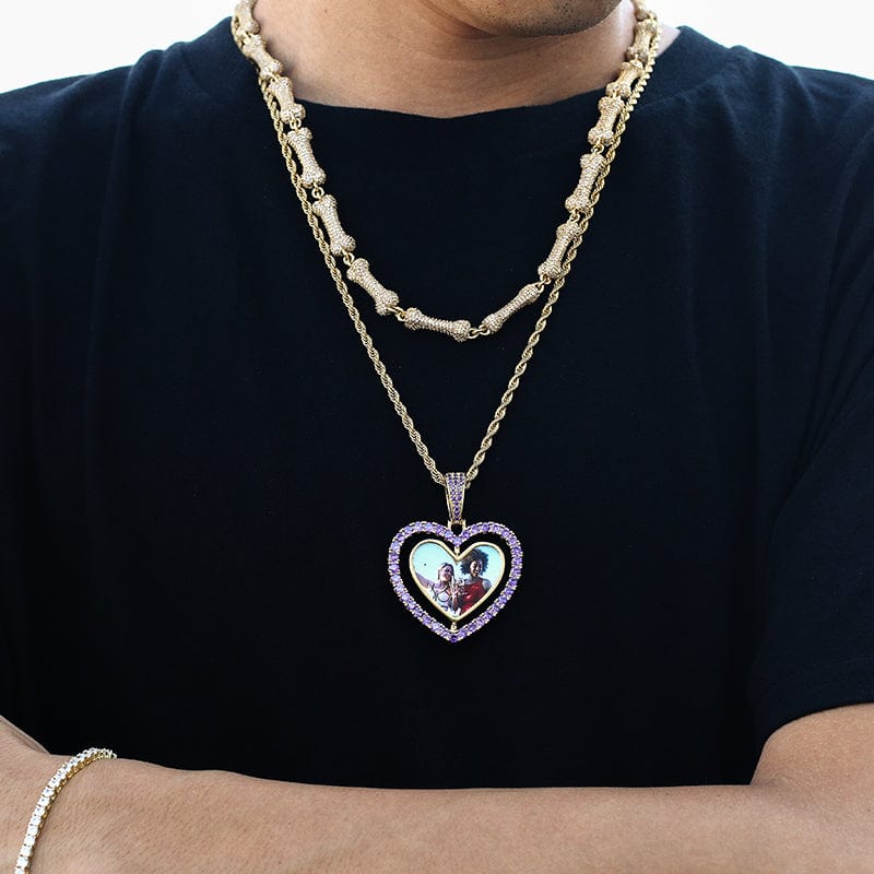 Two Side Heart Spin Hip Hop Silver Jewelry Crystal Charms Photo Pendant Gold Plated Picture Pendant
