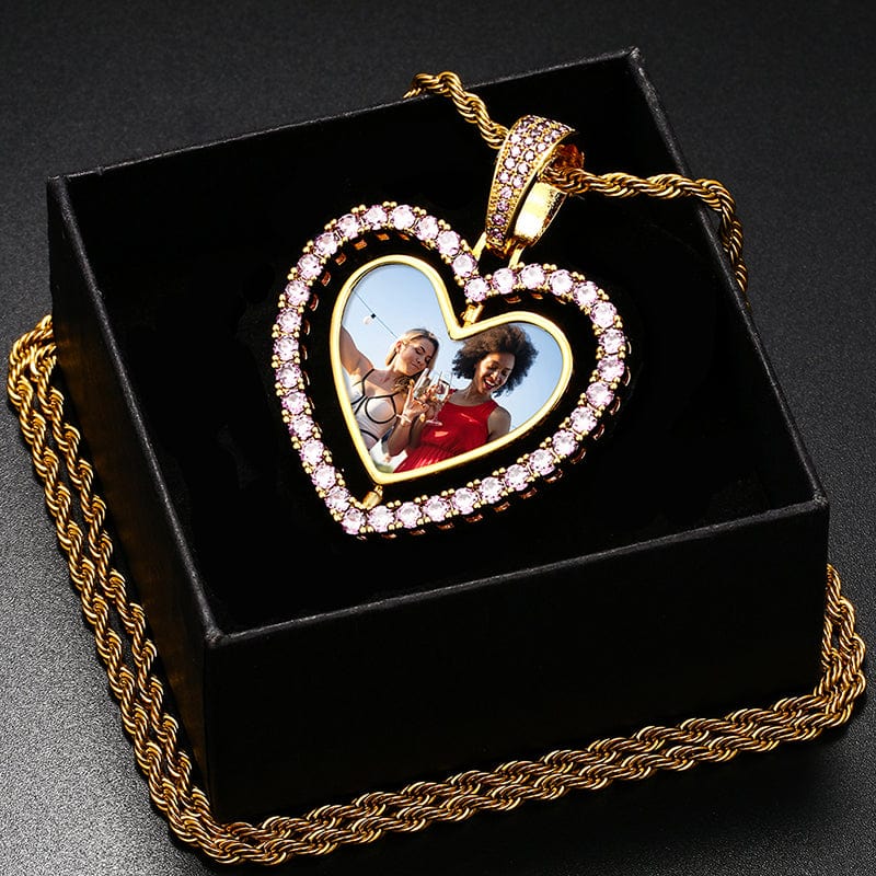 Two Side Heart Spin Hip Hop Silver Jewelry Crystal Charms Photo Pendant Gold Plated Picture Pendant