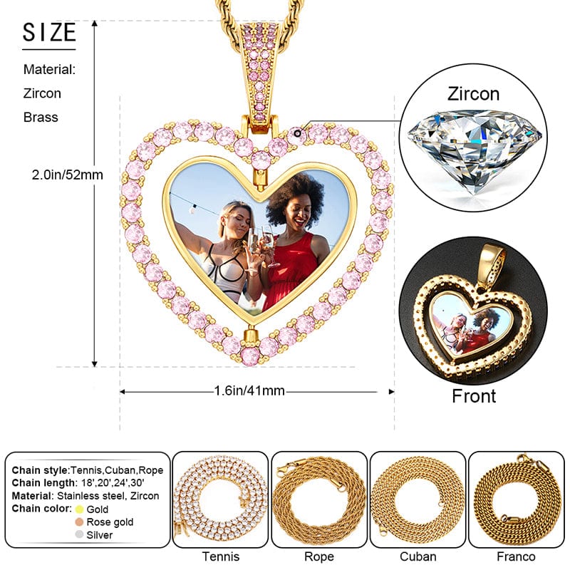 Two Side Heart Spin Hip Hop Silver Jewelry Crystal Charms Photo Pendant Gold Plated Picture Pendant