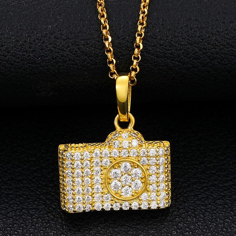 VVS Moissanite Camera Charm Pendant Gold Plated 925 Sterling Silver Pendant Necklace