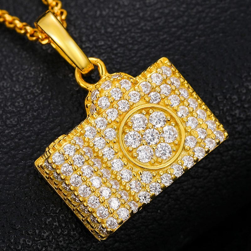 VVS Moissanite Camera Charm Pendant Gold Plated 925 Sterling Silver Pendant Necklace