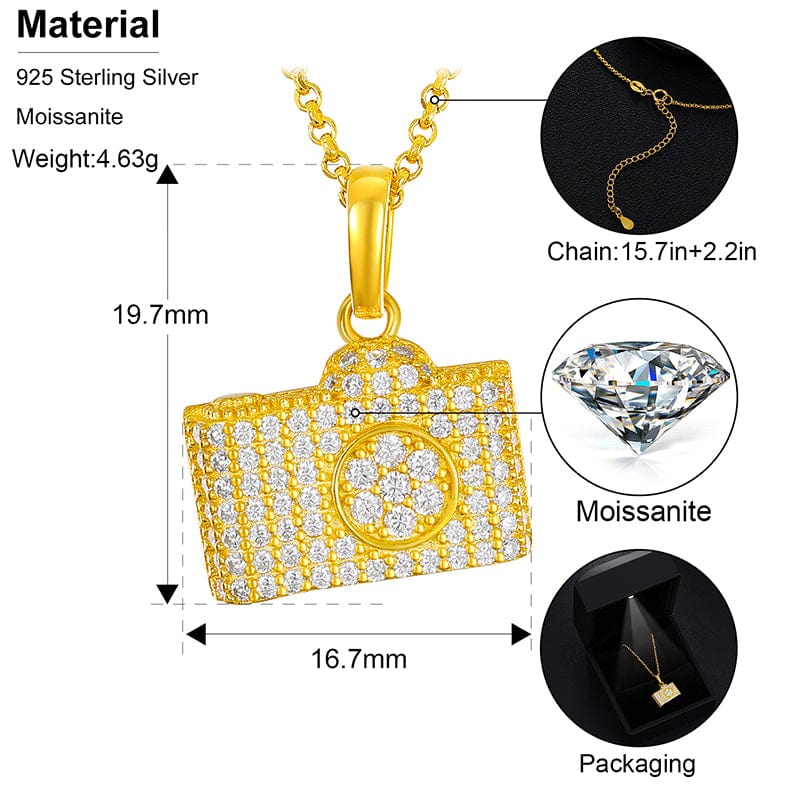 VVS Moissanite Camera Charm Pendant Gold Plated 925 Sterling Silver Pendant Necklace