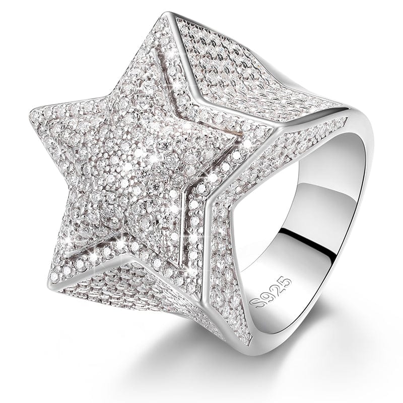 White Gold / 8 Hip Hop Jewelry Iced Out 925 Sterling Silver VVS Moissanite Diamond Star Ring For Men Women