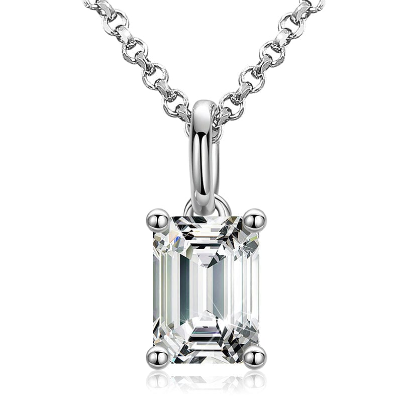 White Gold 925 Sterling Silver - 1ct Emerald Cut Moissanite Diamond Solitaire Pendant Necklace