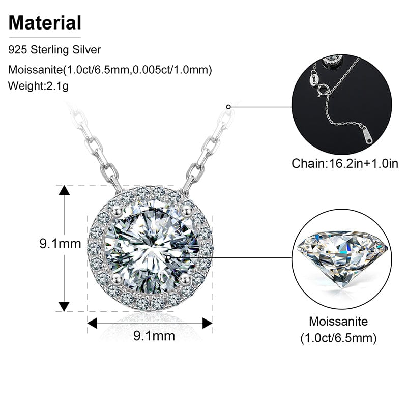 White Gold 925 Sterling Silver 6.5mm - 1 ct VVS Moissanite Diamond Solitaire Pendant Necklace