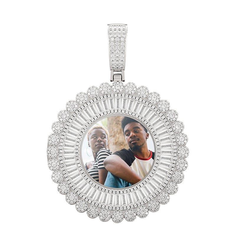 White Gold Iced Out Flower Picture Pendant Necklace Hip Hop Bling Custom Photo Memory Pendant